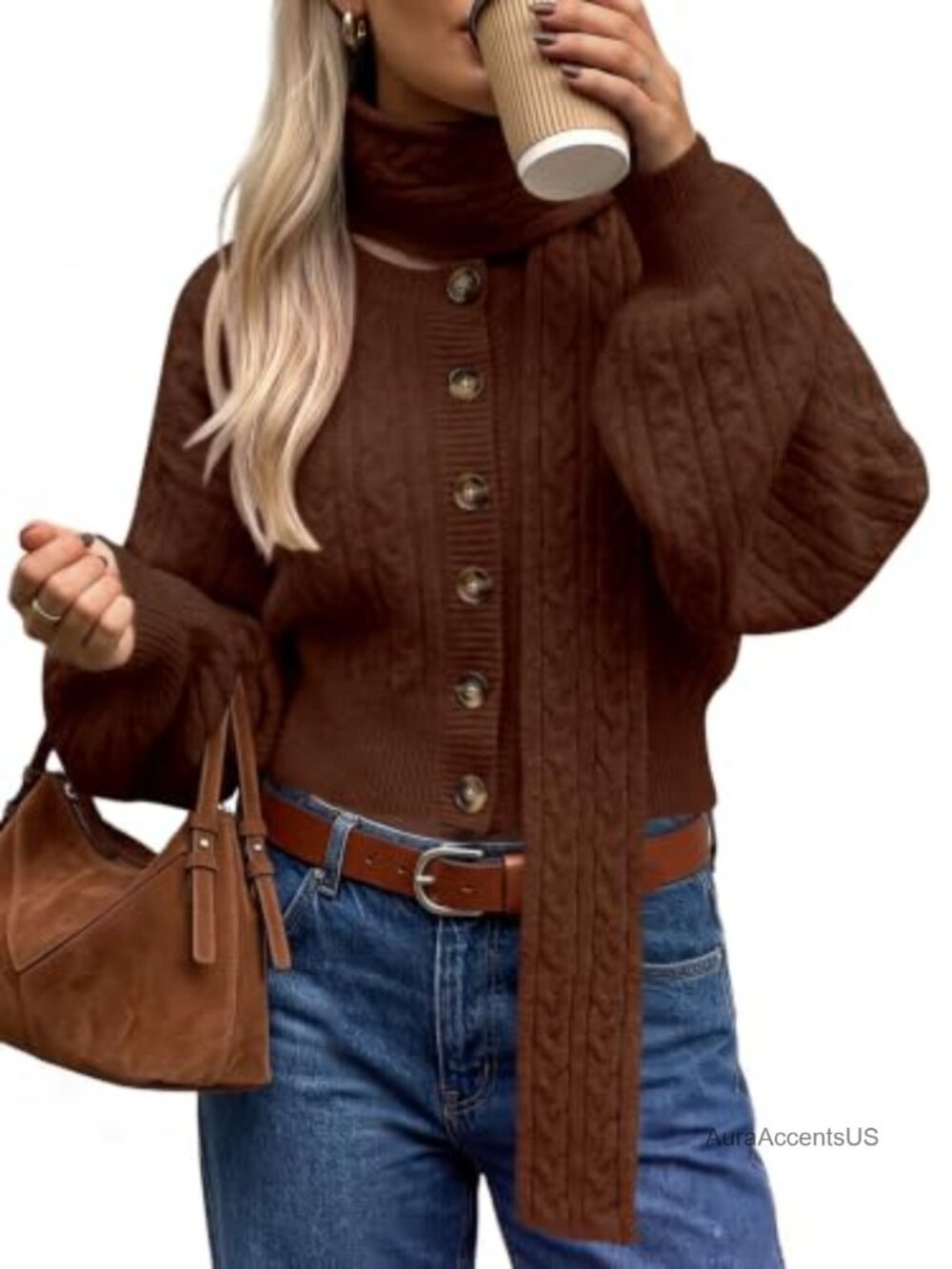 Women's Cable Knit Cropped Cardigan Sweater with Matching Scarf - Button Front